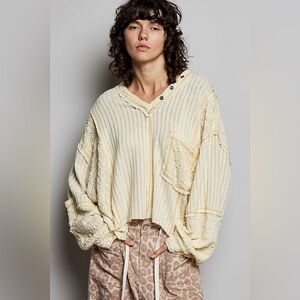 POL V-Neck Long Sleeve Top with Stitch Detail